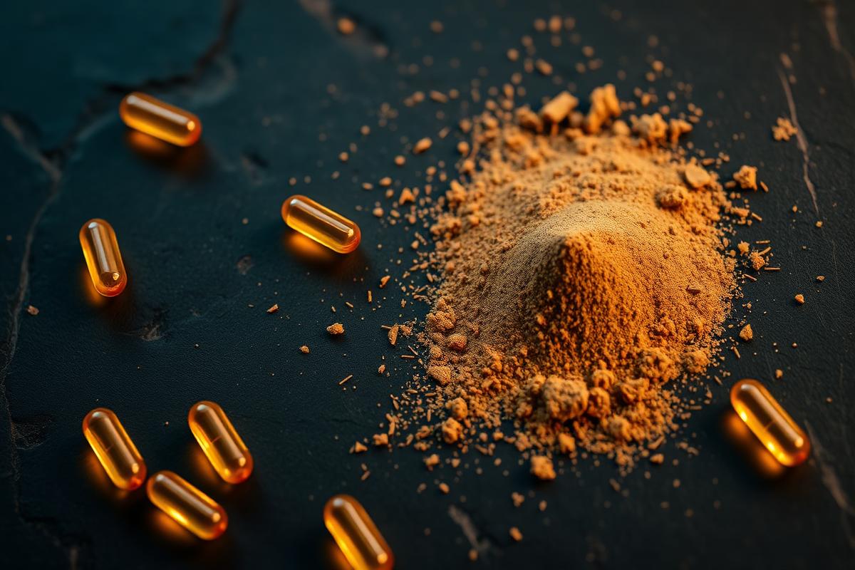 Goldene Kapseln und feines Pflanzenpulver auf dunklem Schiefer – hochwertige Rohstoffe von VitaSlimex